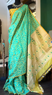 Pure Silk Contemporary Paithani Banarasi- Sea Green Yellow