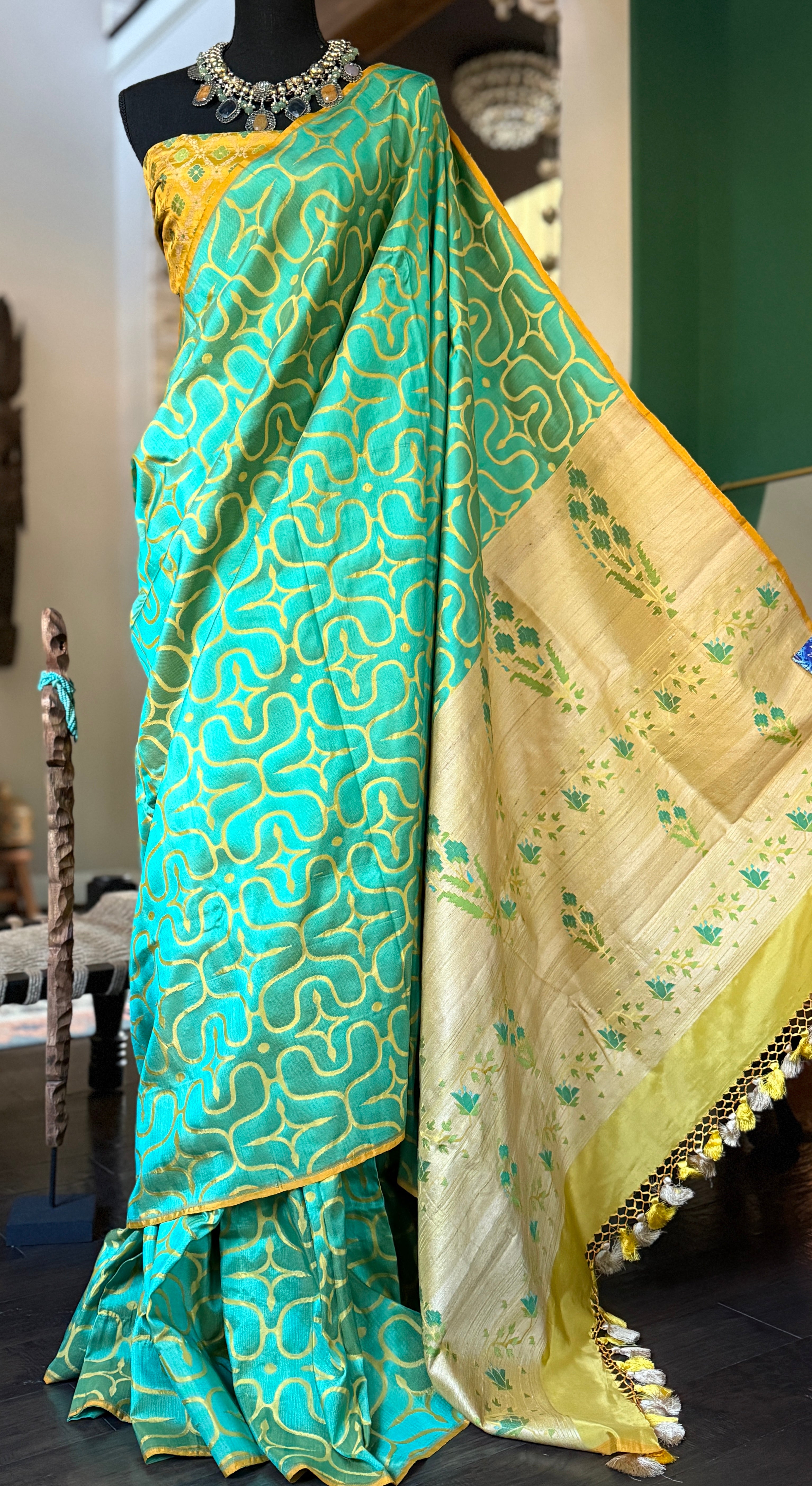 Pure Silk Contemporary Paithani Banarasi- Sea Green Yellow