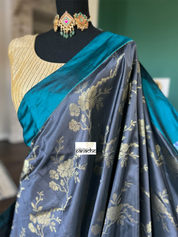 Pure Silk Katan Banarasi -  Grey Teal Blue