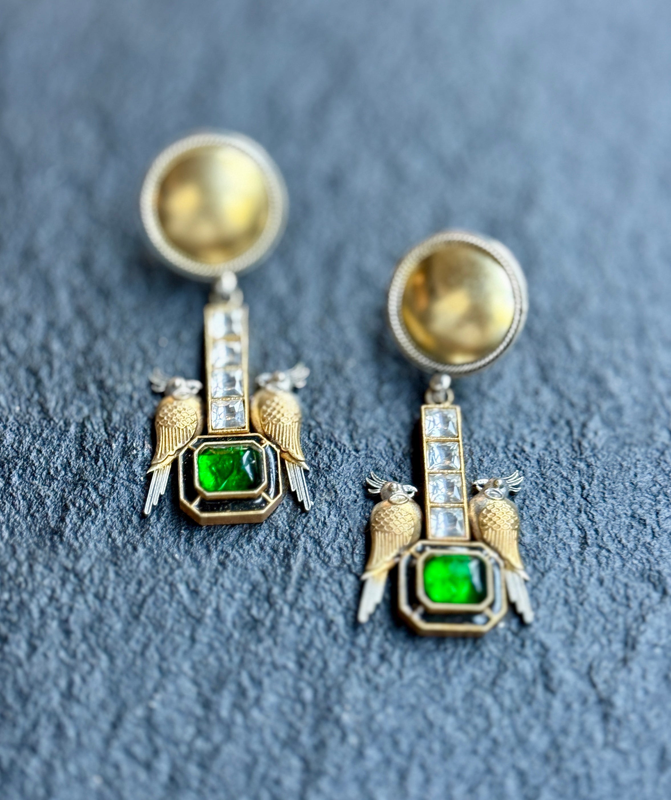 Earring 925 Silver- Green Kundan Bird