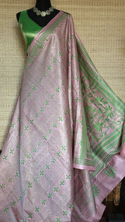 Pure Tussar Silk Kantha Stitch -  Light Pink Green