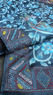 Tussar Silk Pen Kalamkari - Grey Hand Embroidered