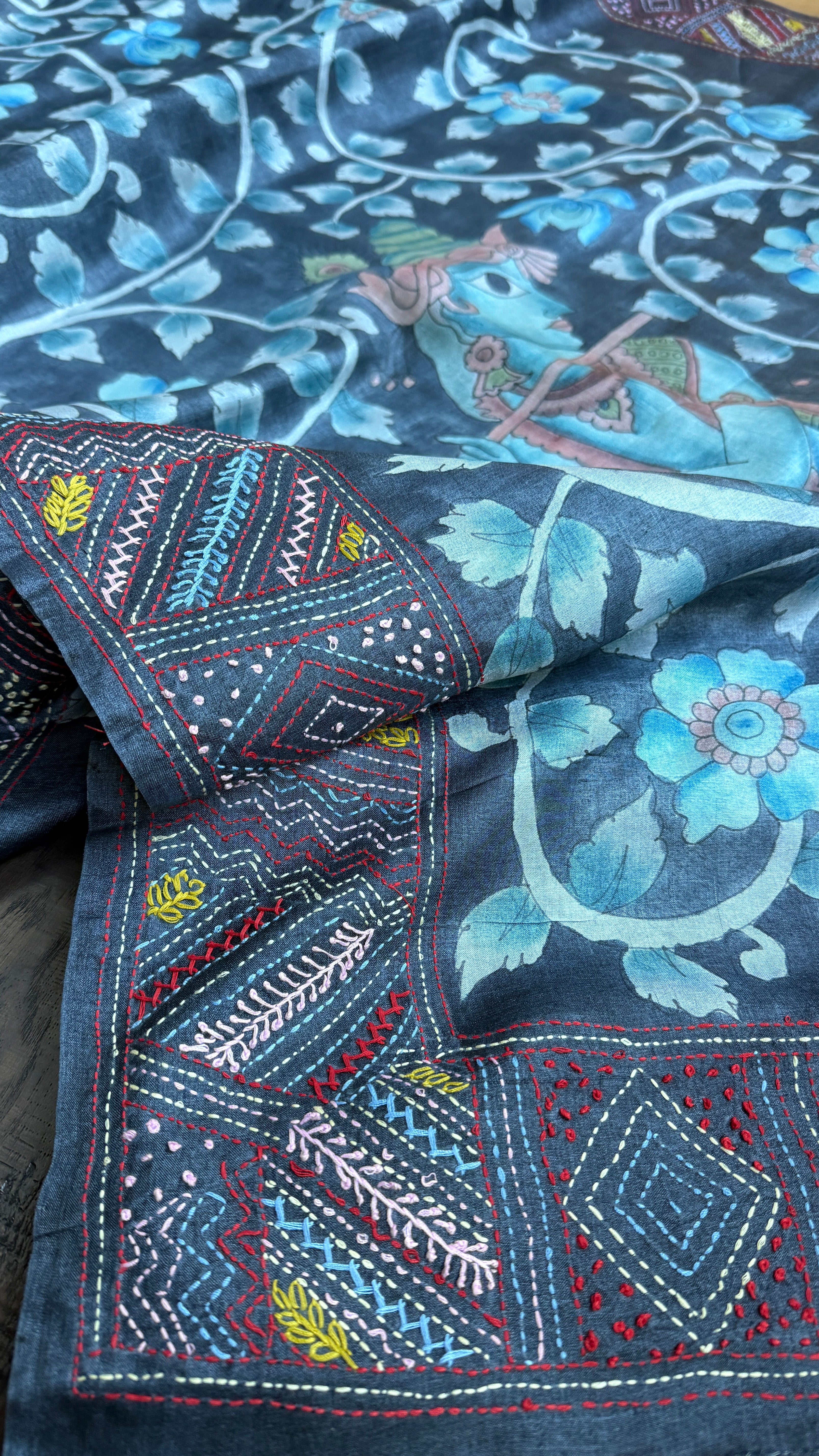Tussar Silk Pen Kalamkari - Grey Hand Embroidered