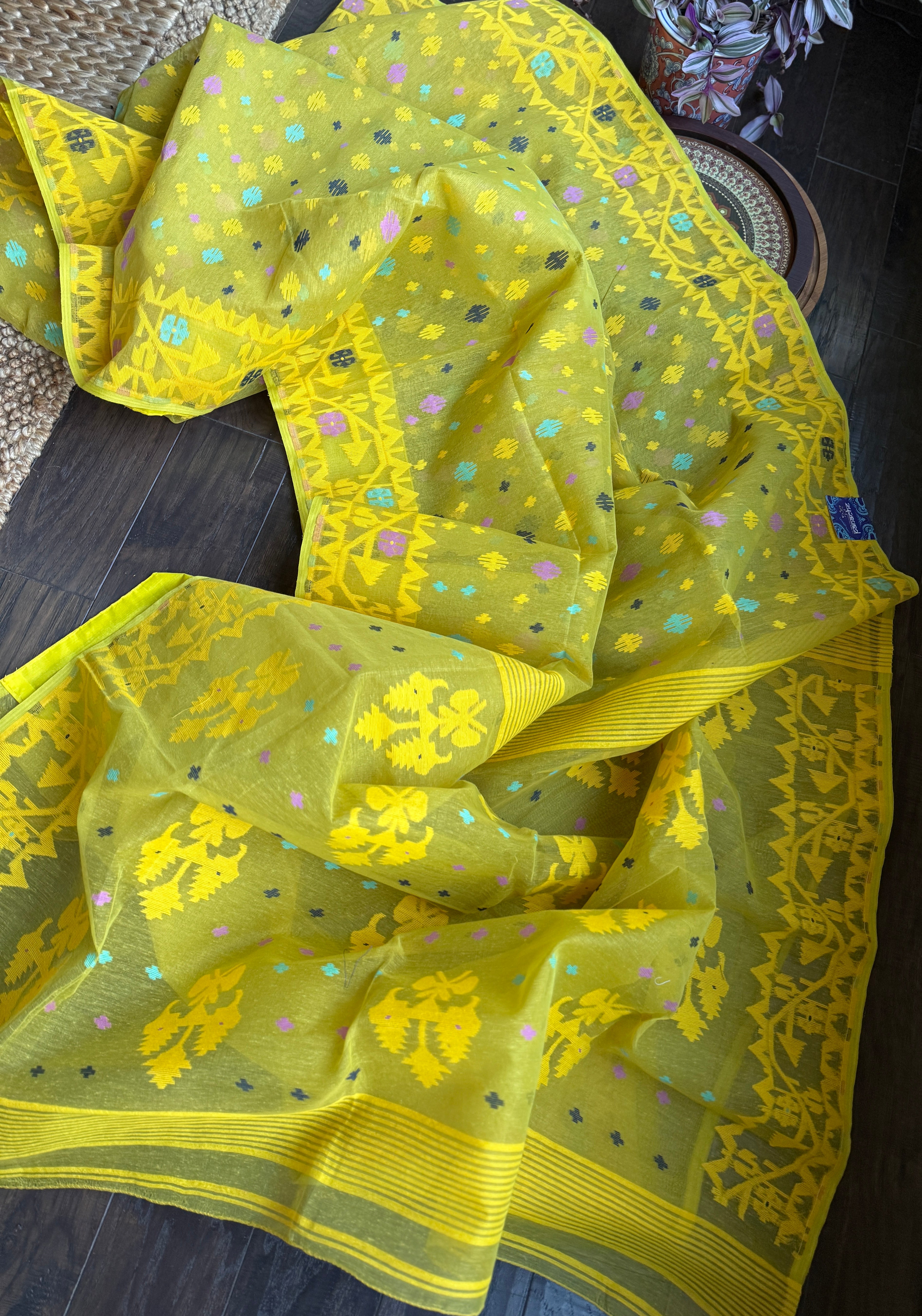 Dhakai Jamdani  - Greenish Yellow Resham  Woven