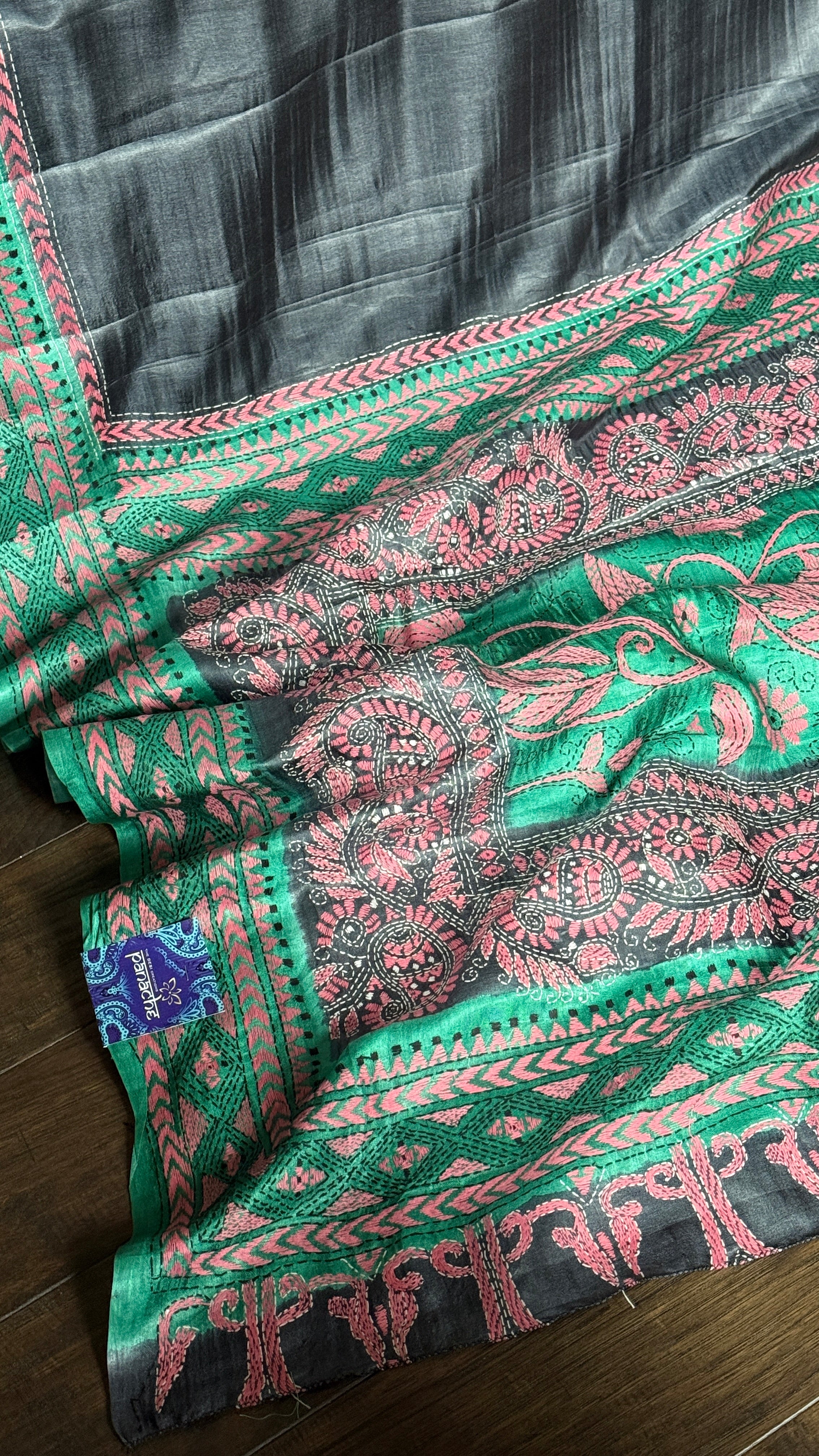 Pure Tussar Silk Kantha Stitch -  Grey Green