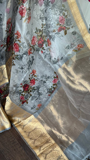 Organza Banarasi Floral - Light Grey Kadwa
