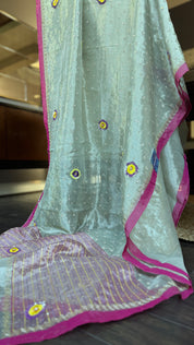 Hand Zardozi Pure Chanderi Tissue Silk - Silver Pink Woven