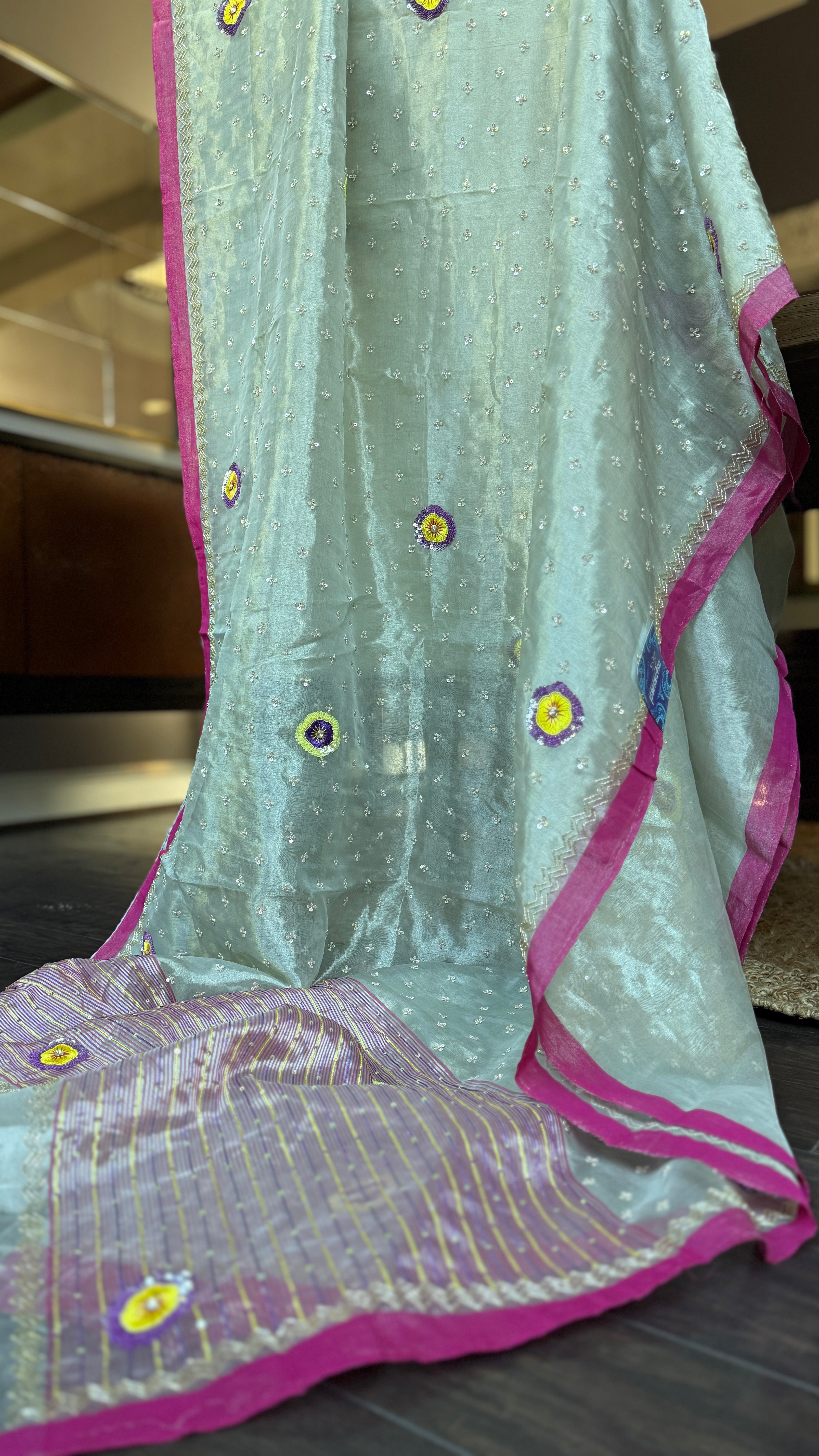 Hand Zardozi Pure Chanderi Tissue Silk - Silver Pink Woven