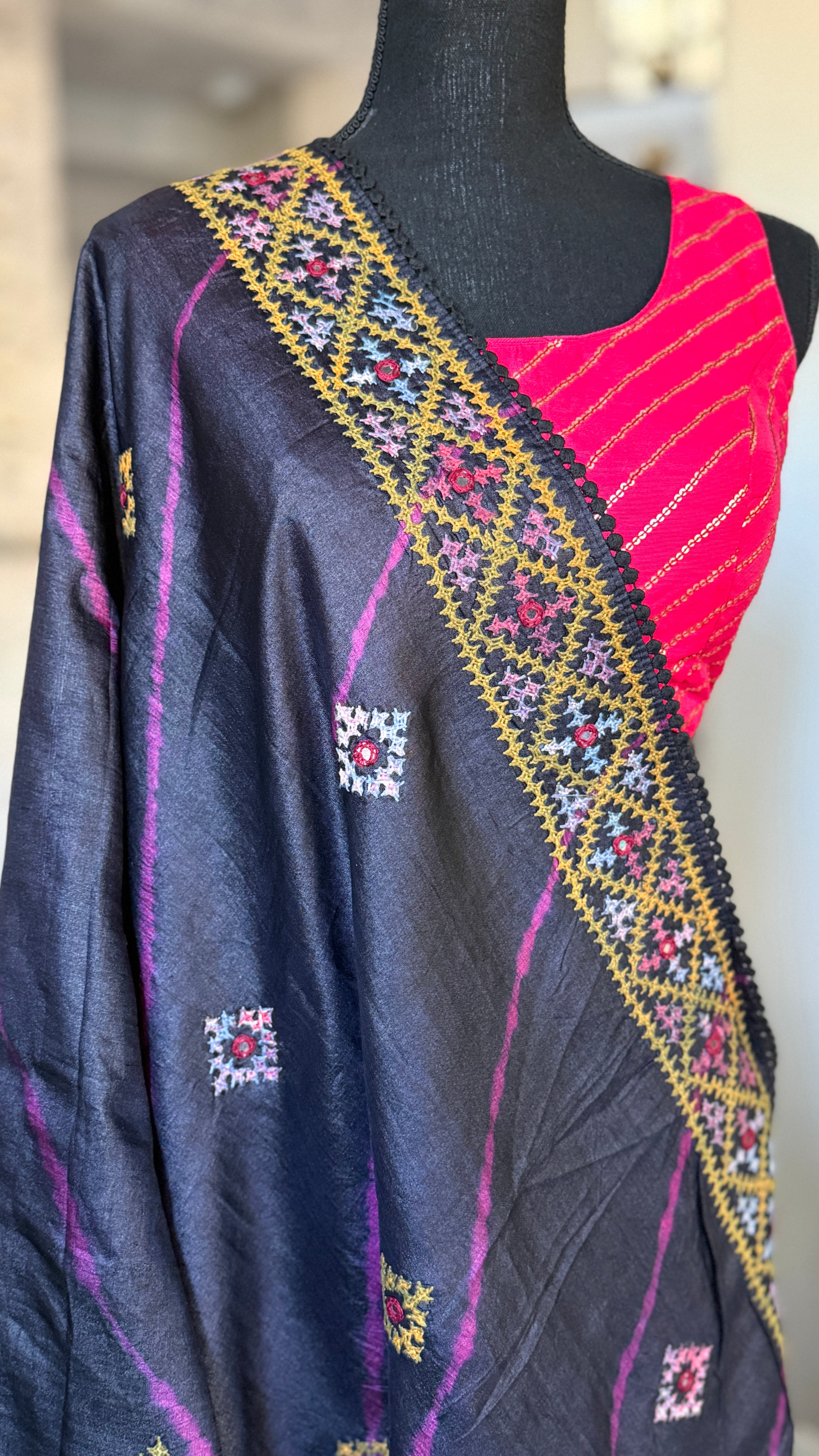 Pure Tussar Silk Gujrati Stitch -  Black Shibori Hand Embroidered