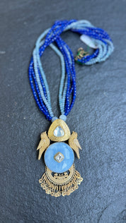 Silver Long Beaded Necklace - Blue Pendant
