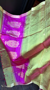 Pure Silk Chanderi Dupatta - Yellow Pink Handwoven