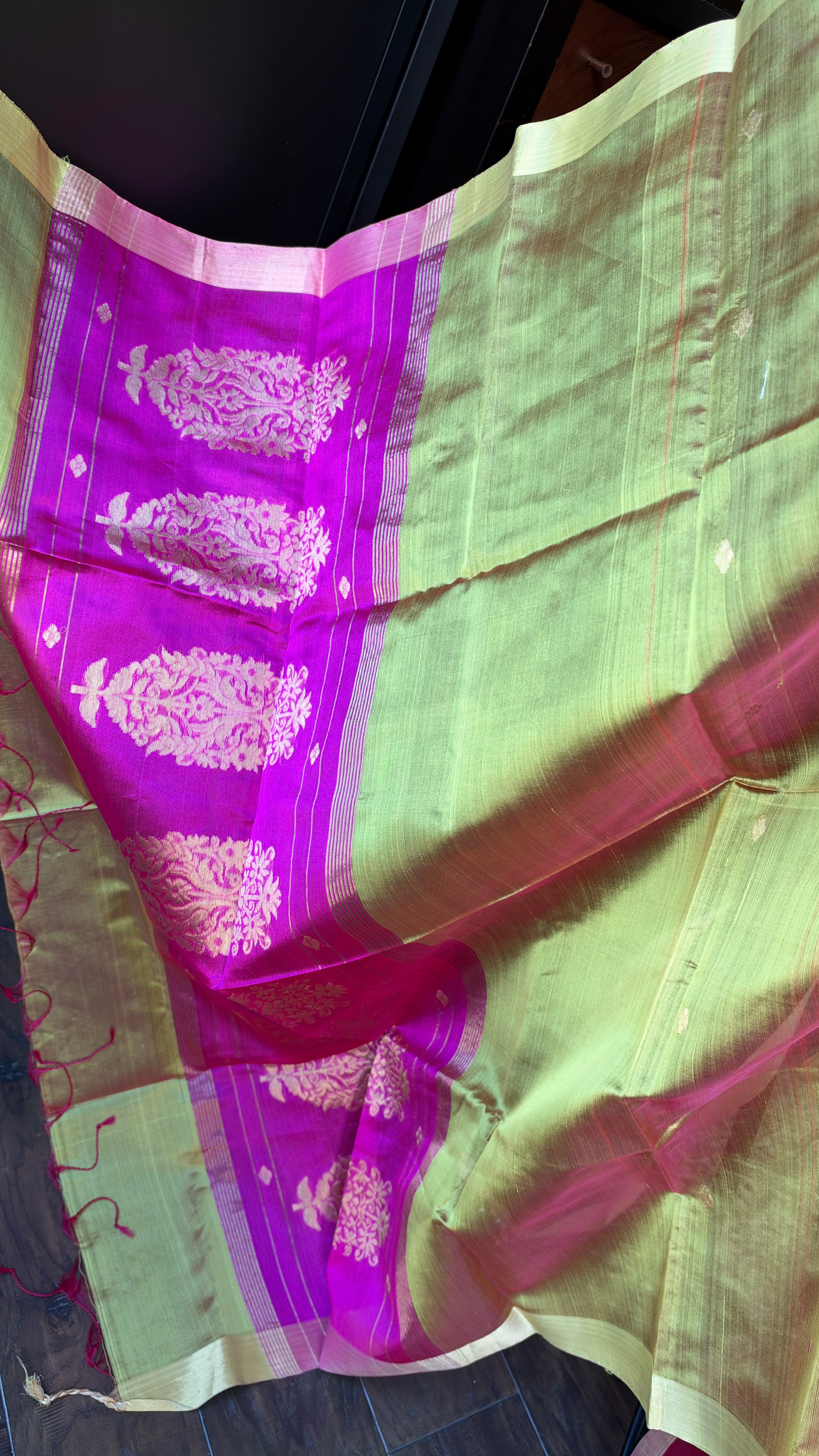 Pure Silk Chanderi Dupatta - Yellow Pink Handwoven