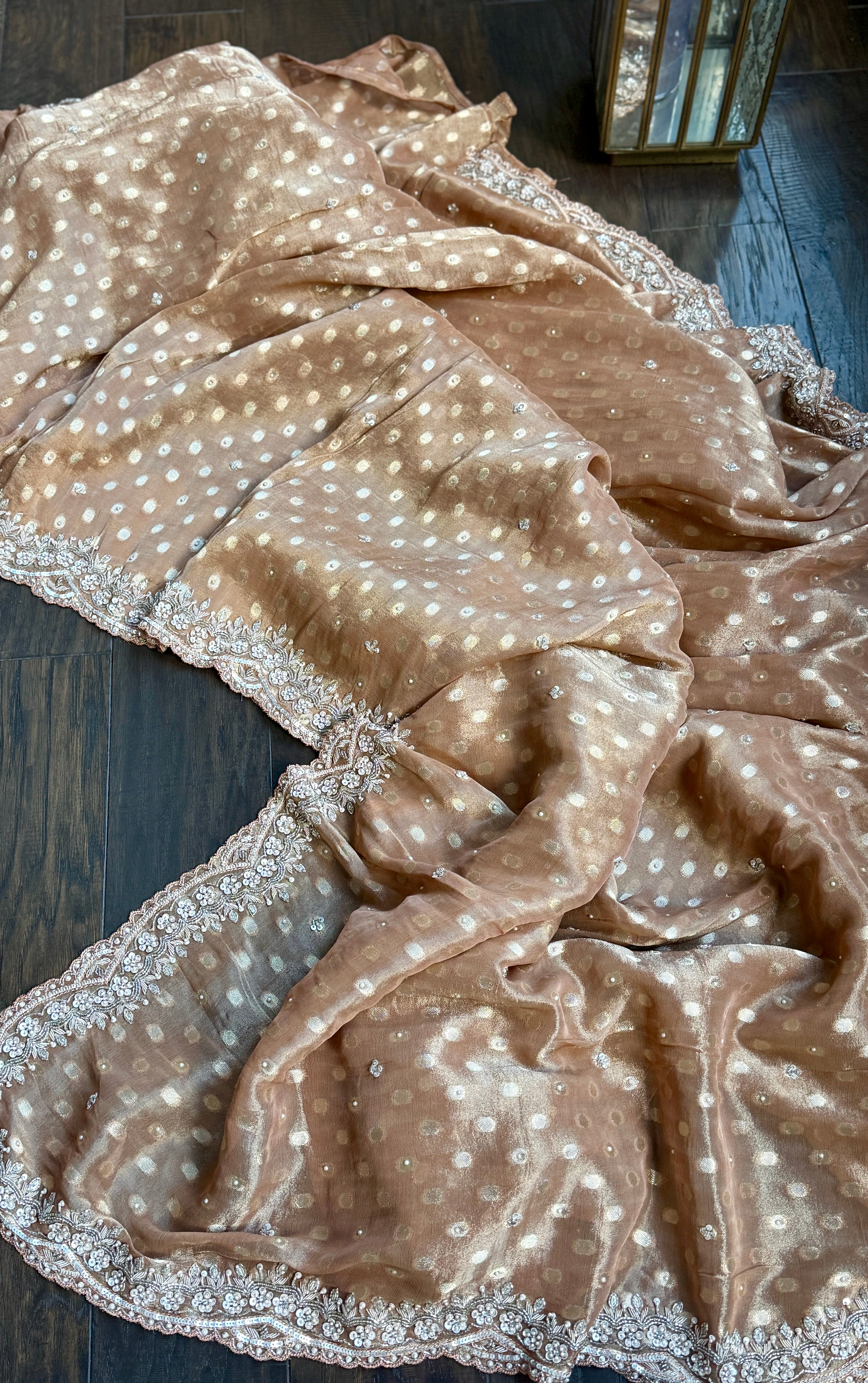 Designer Tissue Georgette - Mocha Hand Embellishment Work