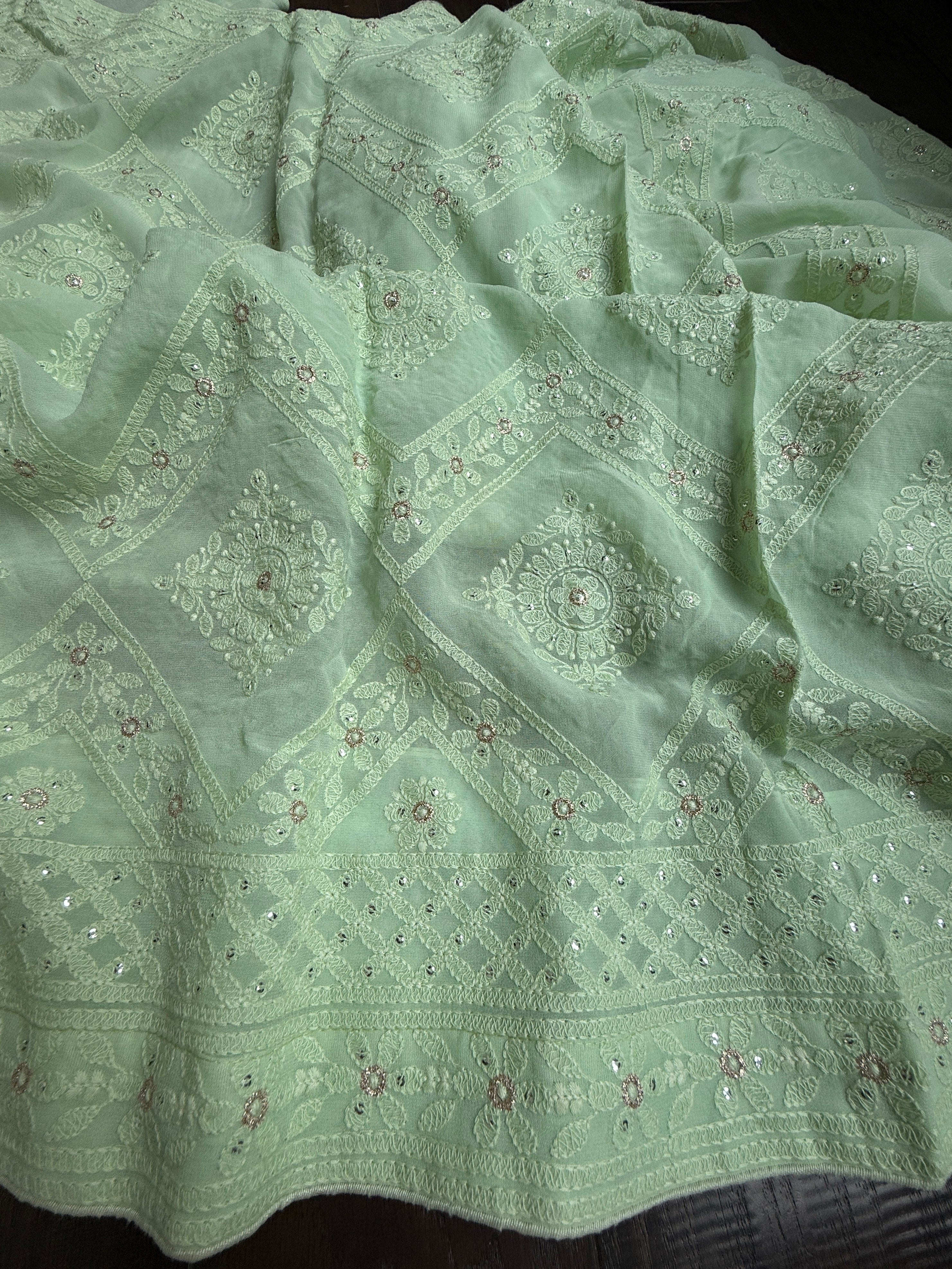Designer Pure Georgette Chikankari - Light Pista Green