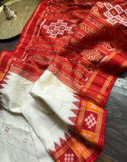 Pure Mukberry Silk Sambalpuri Ikat - Cream Red Orange Pasapale Border