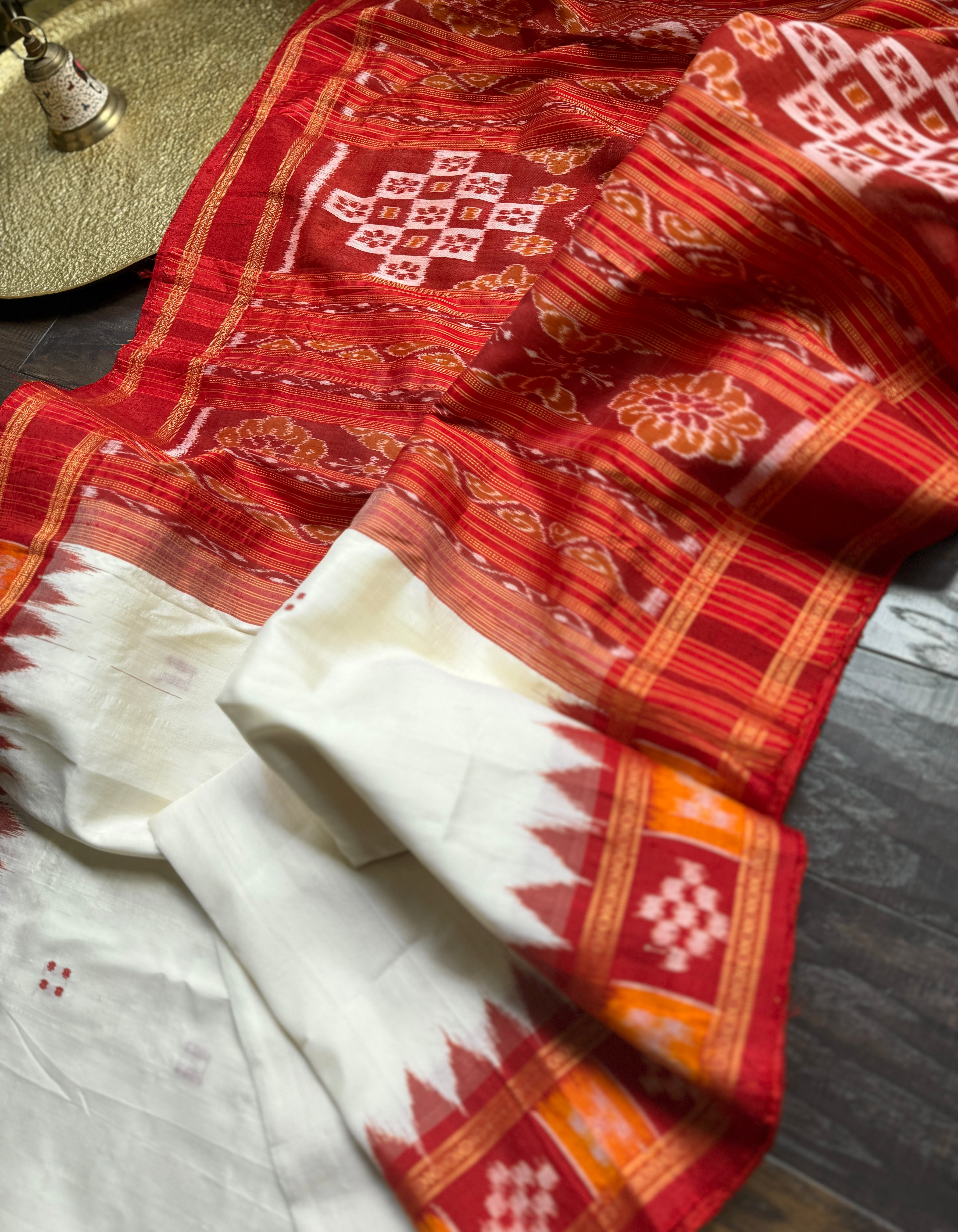 Pure Mukberry Silk Sambalpuri Ikat - Cream Red Orange Pasapale Border