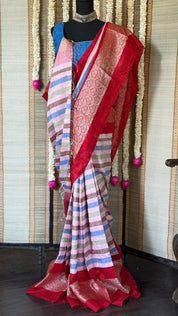 Pure Matka Tussar Silk - Light Pink Red Striped