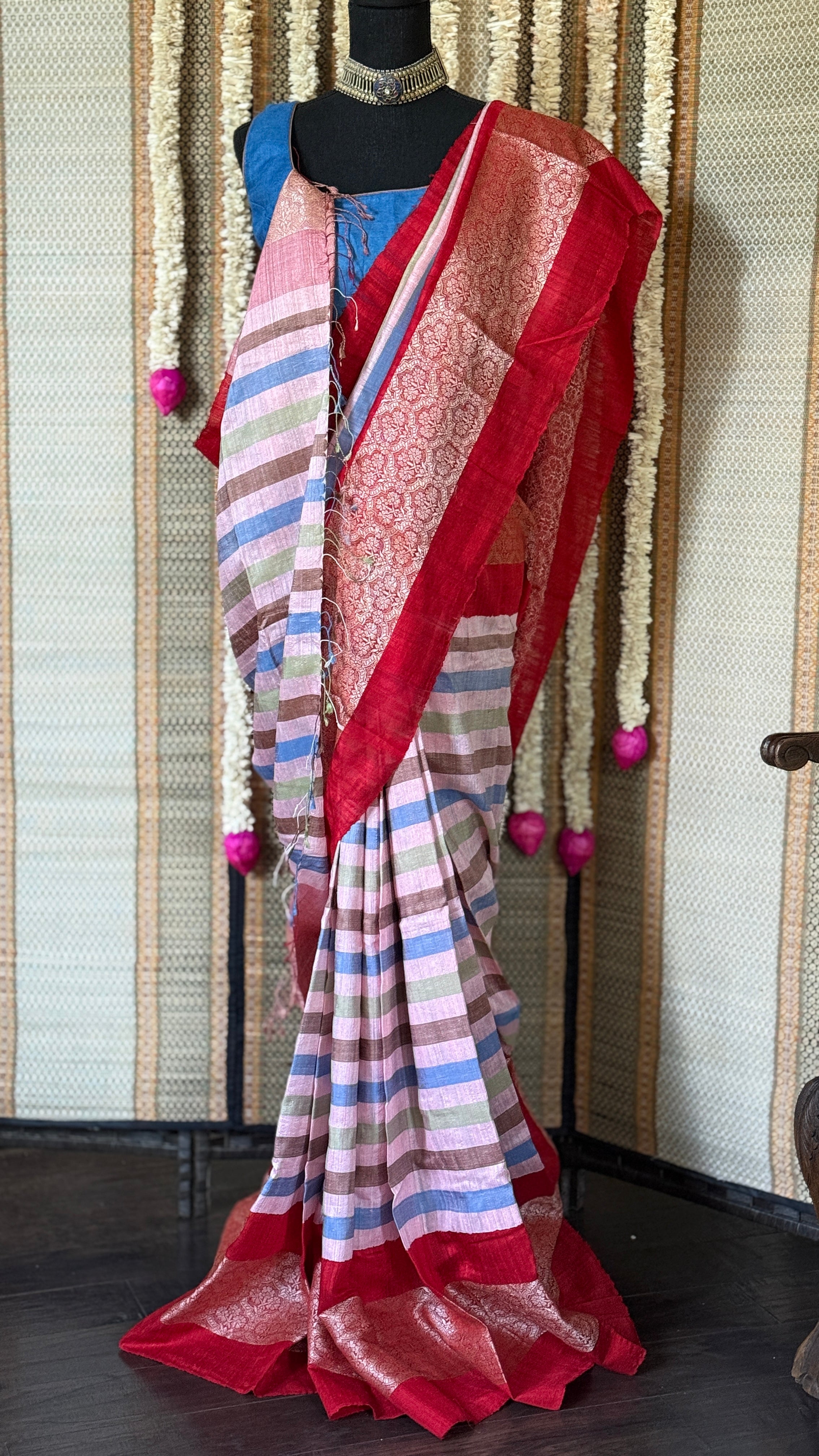 Pure Matka Tussar Silk - Light Pink Red Striped