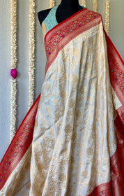 Soft Silk Banaras Saree - Cream Red