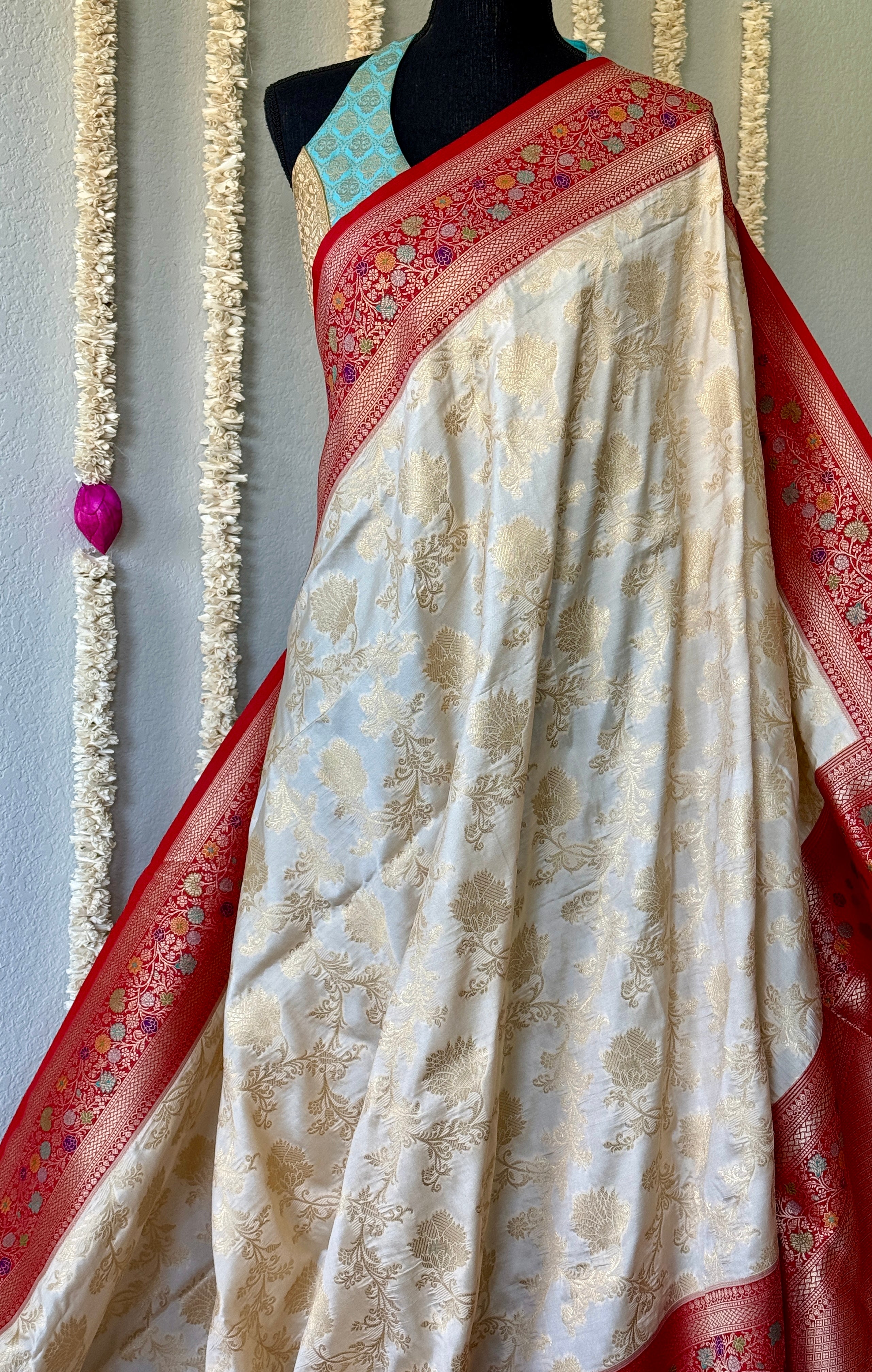 Soft Silk Banaras Saree - Cream Red