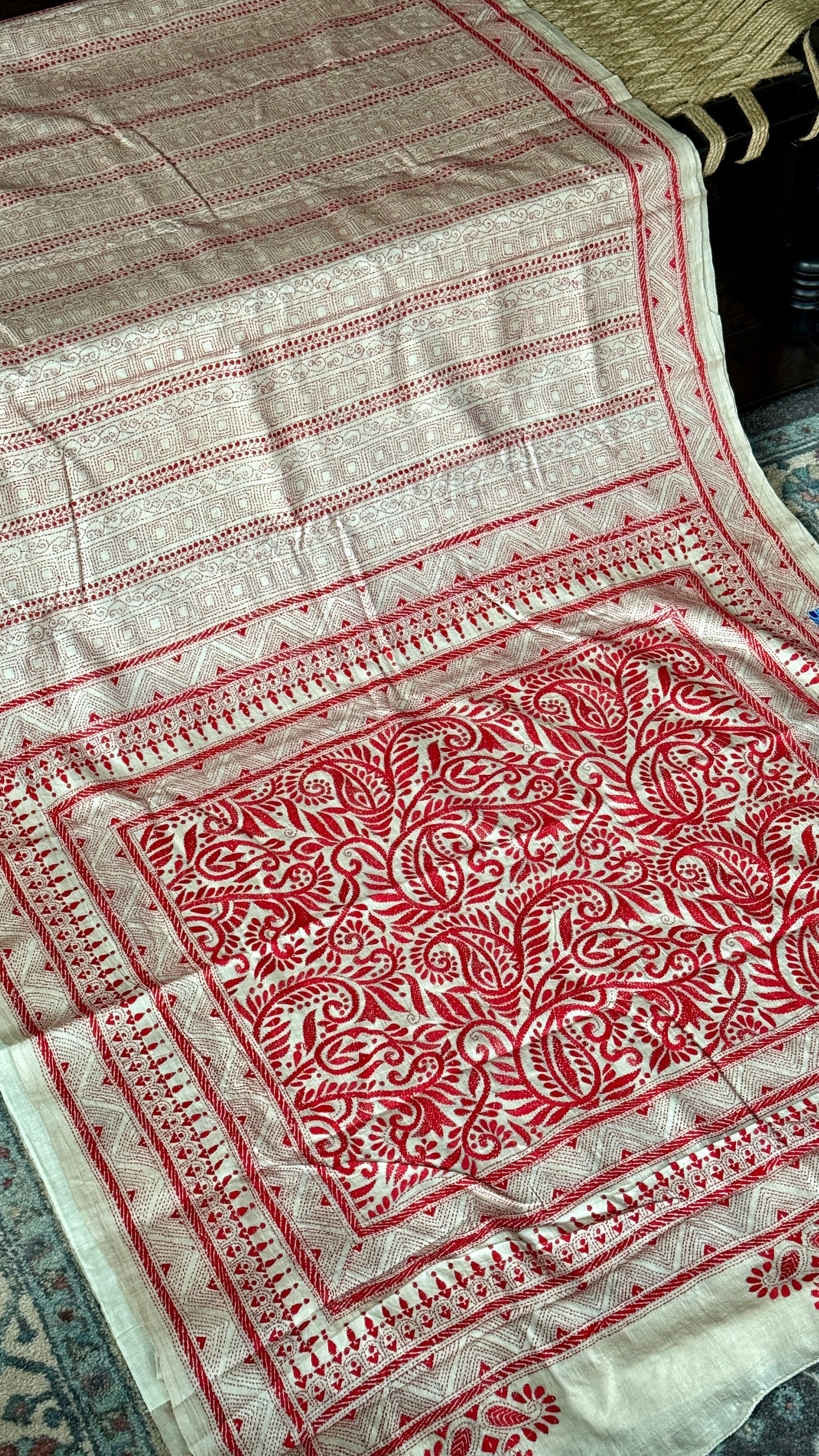 Pure Tussar Silk Kantha Stitch -  Beige Red