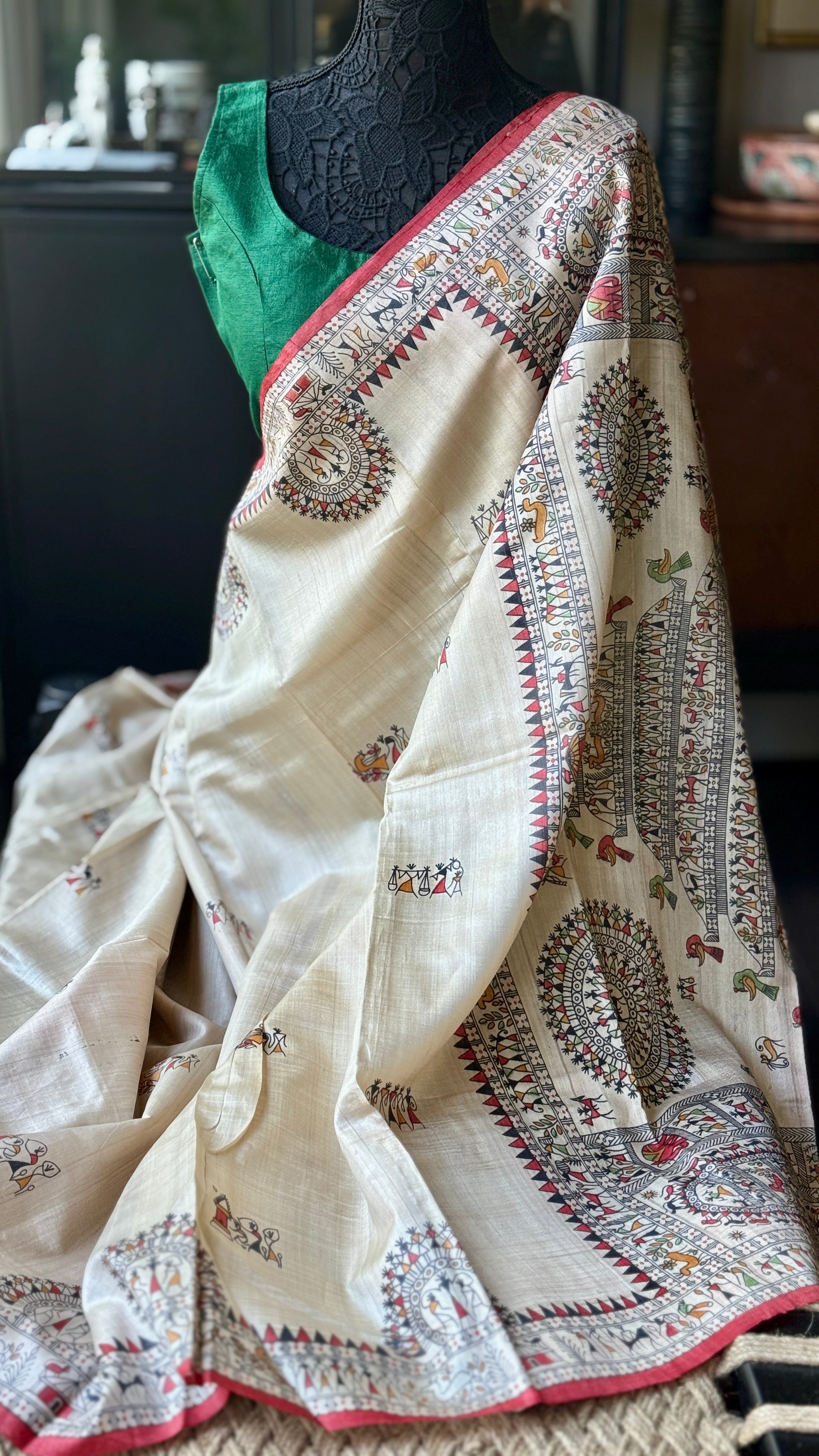 Pure Tussar Silk - Beige Worli Printed