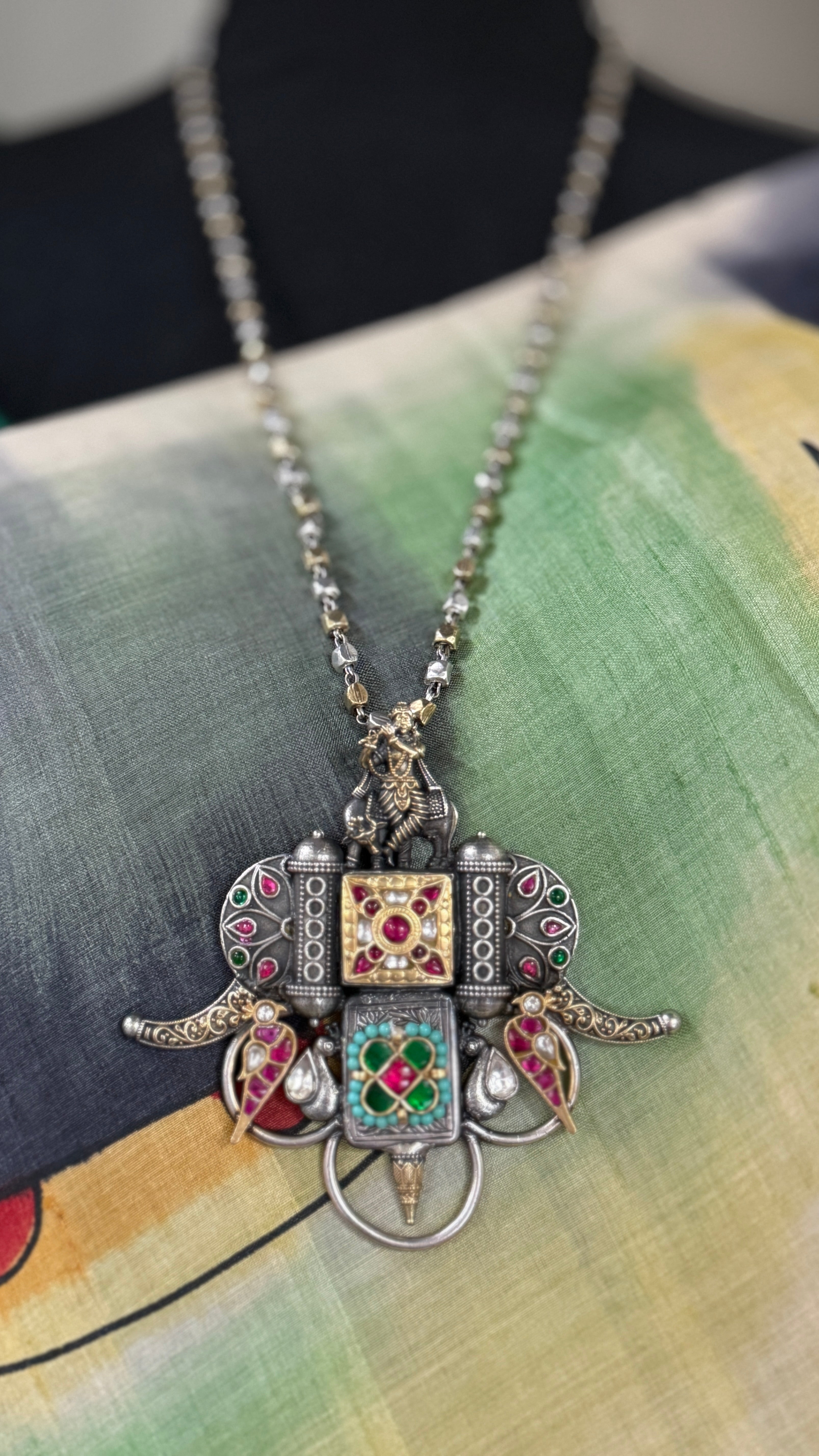 Pure Silver Necklace - Krishna Pendant Dual Tone