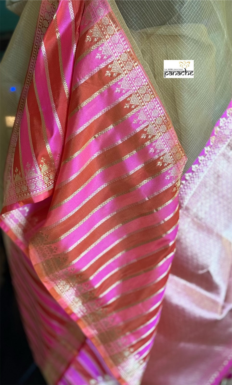 Organza Katan Silk Banarasi -  Tan Pink Orange Checkered