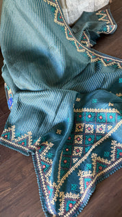 Pure Tussar Silk Gujrati Stitch -  Teal Blue Hand Embroidered