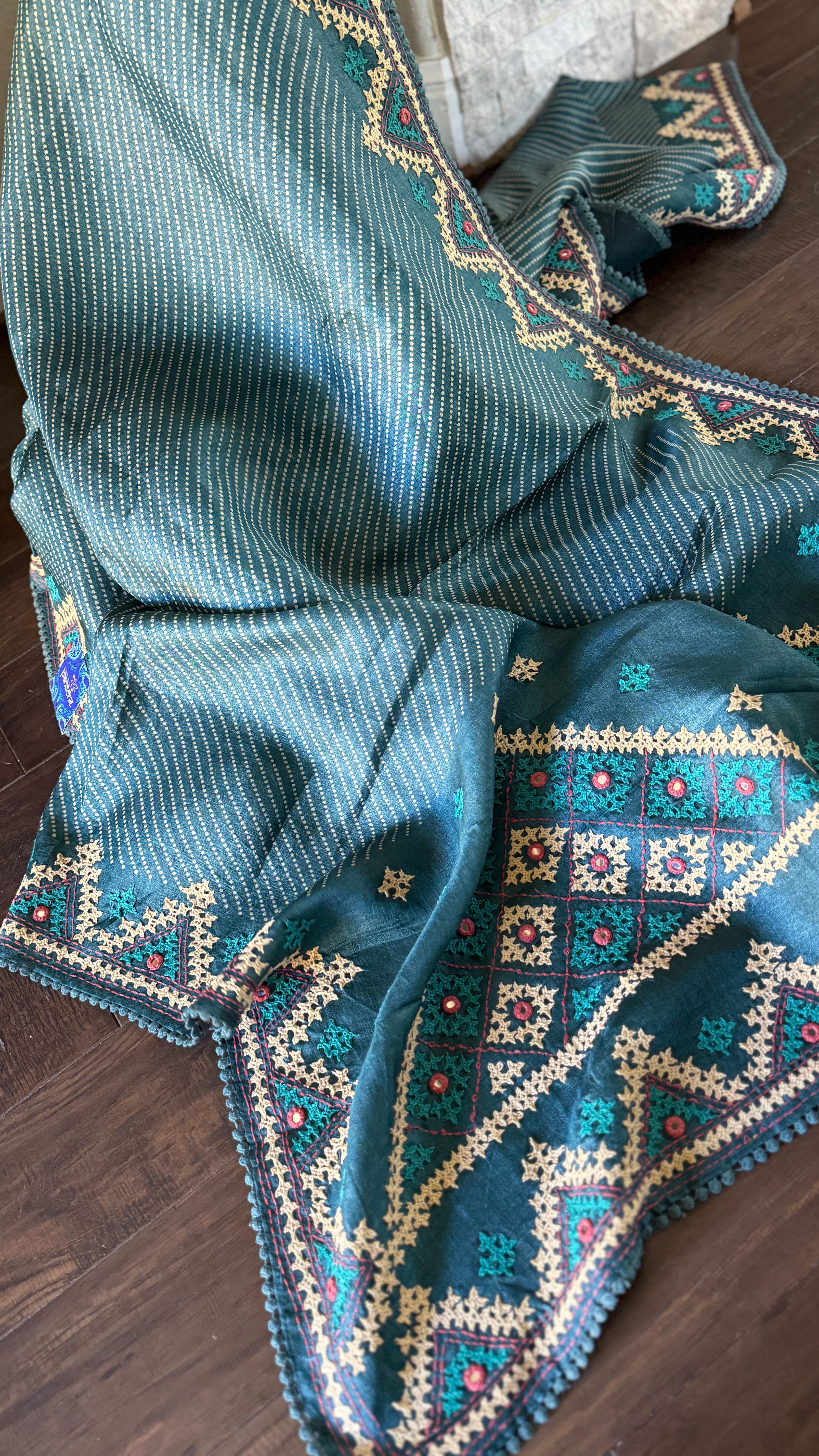 Pure Tussar Silk Gujrati Stitch -  Teal Blue Hand Embroidered