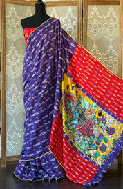 Designer Pure Cotton Ikat Krishna - Purple Yellow Red