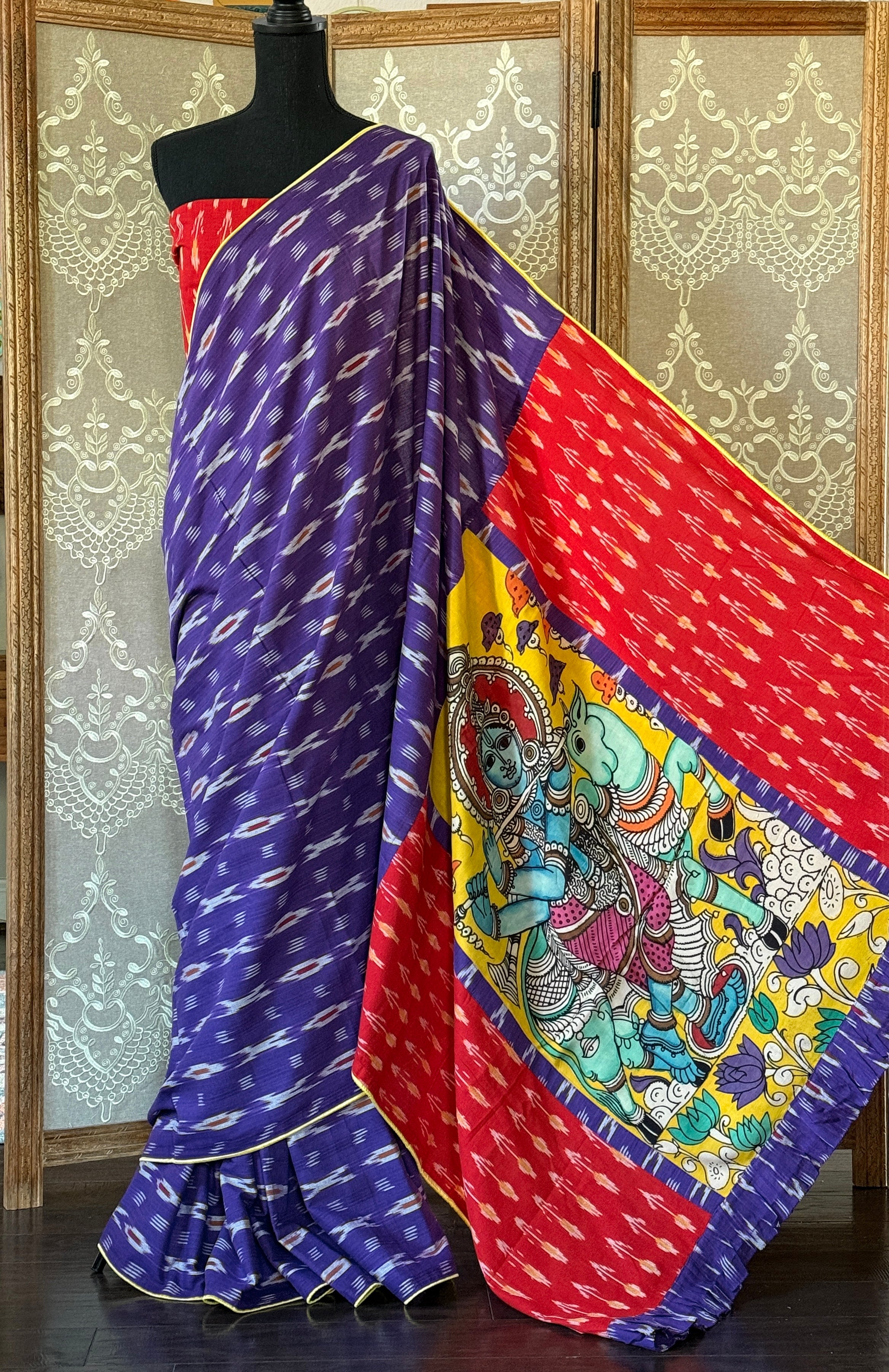 Designer Pure Cotton Ikat Krishna - Purple Yellow Red