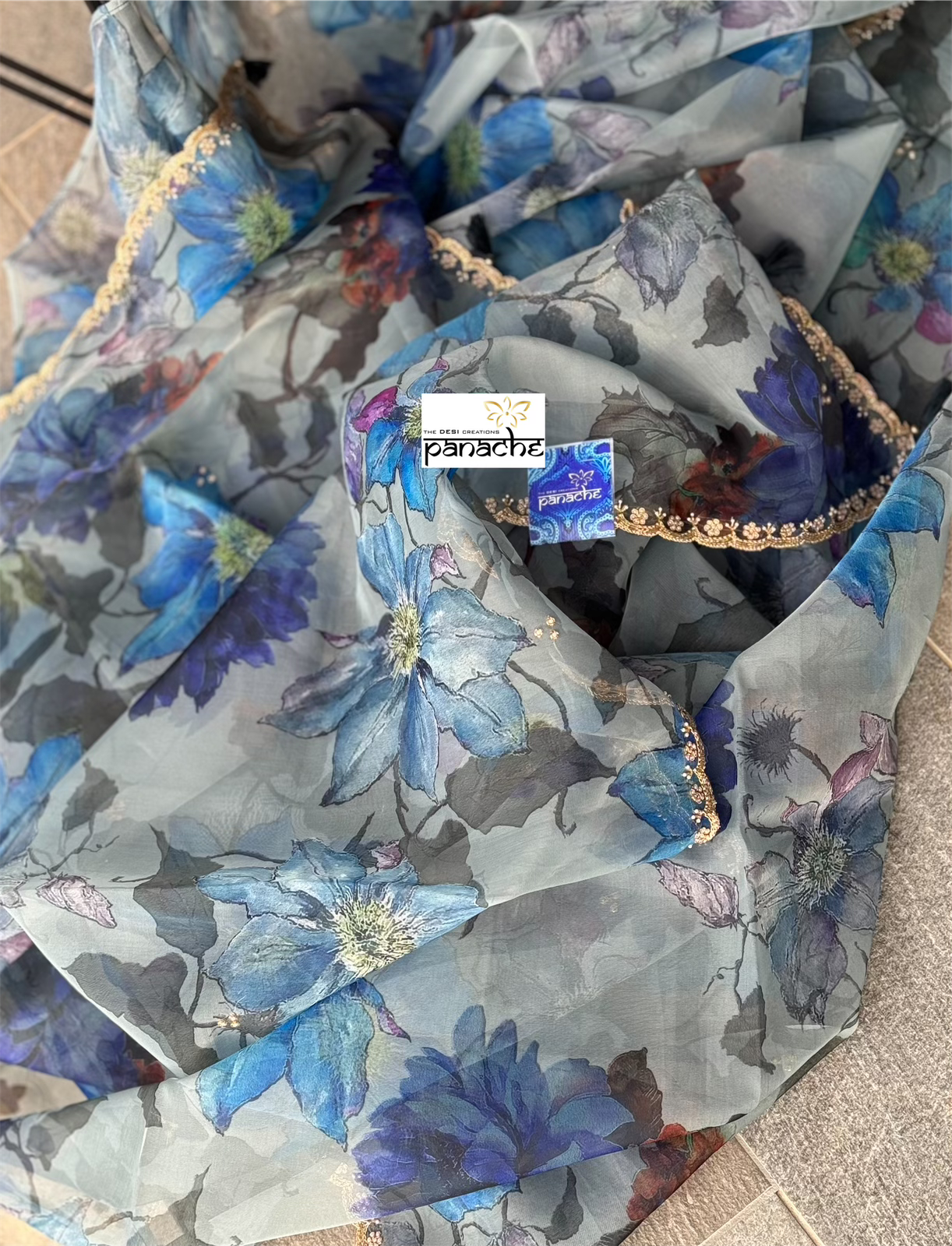 Designer Organza Floral - Light Blue Grey