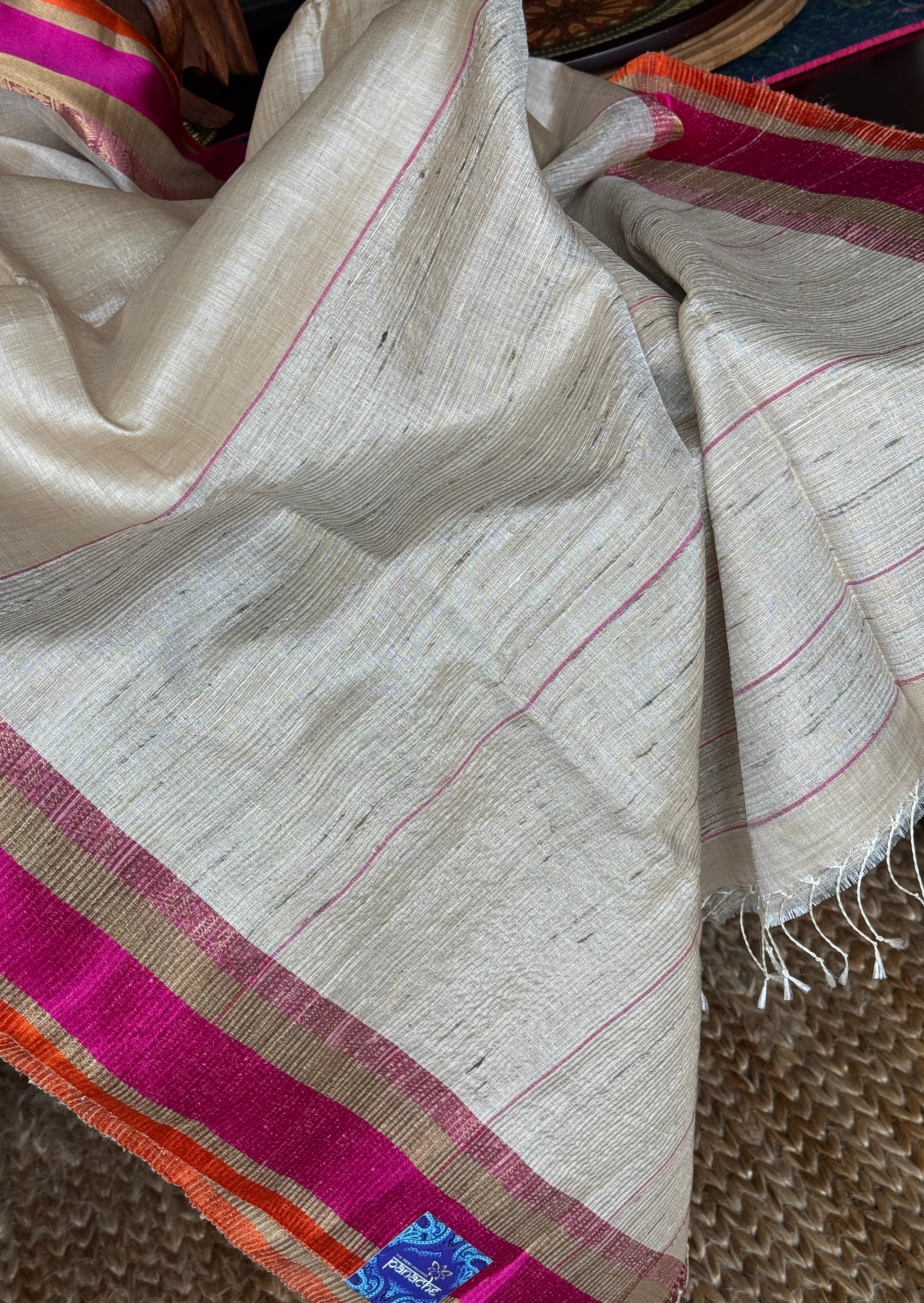 Pure Tussar Silk Handwoven - Tussar Beige Pink Orange