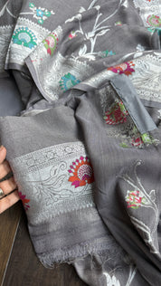 Tussar Georgette Banarasi - Grey Meenakari