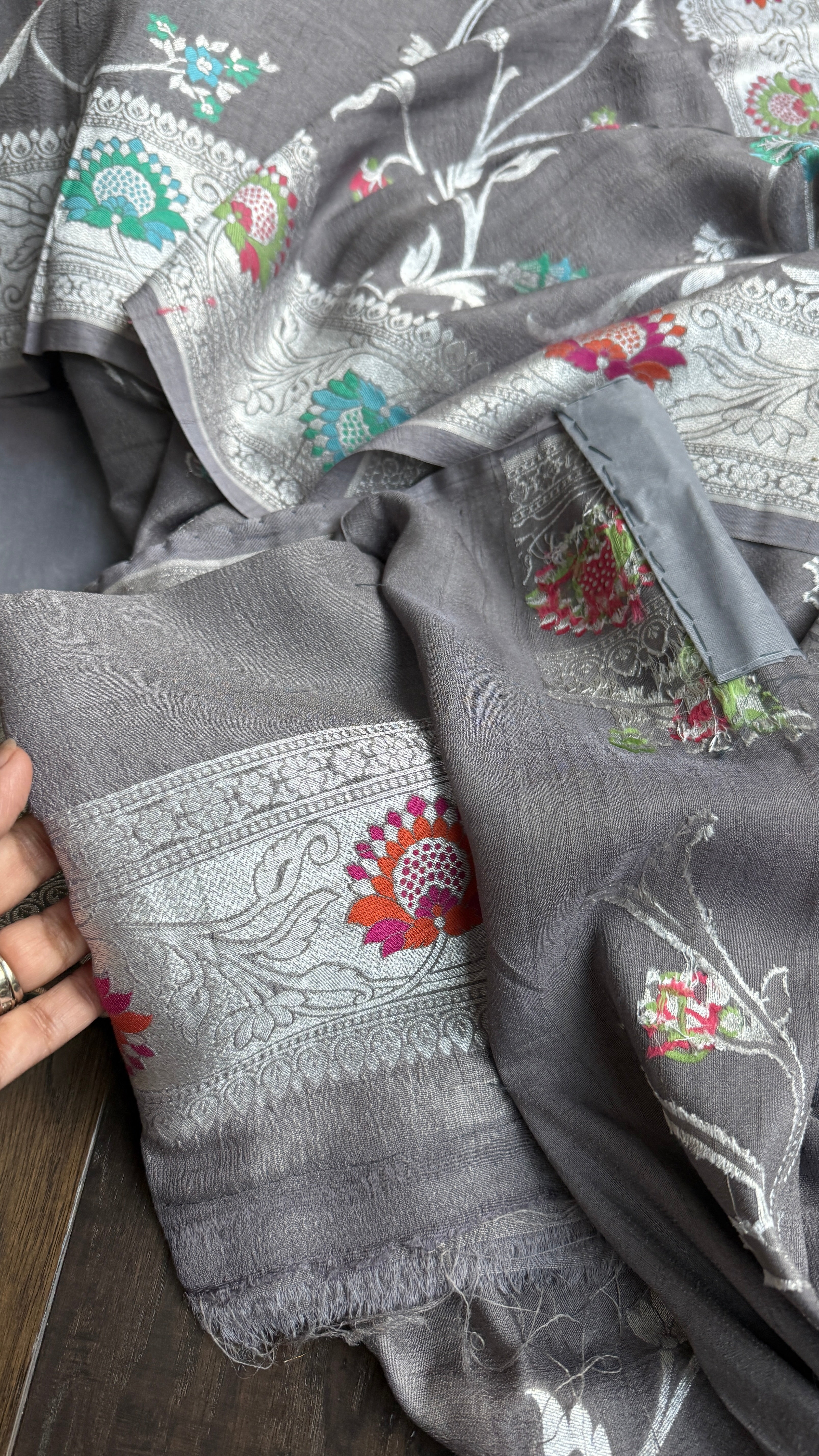 Tussar Georgette Banarasi - Grey Meenakari
