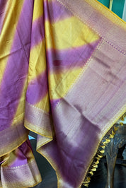 Tussar Silk Banarasi Shaded - Yellow Purple Antique Golden Zari