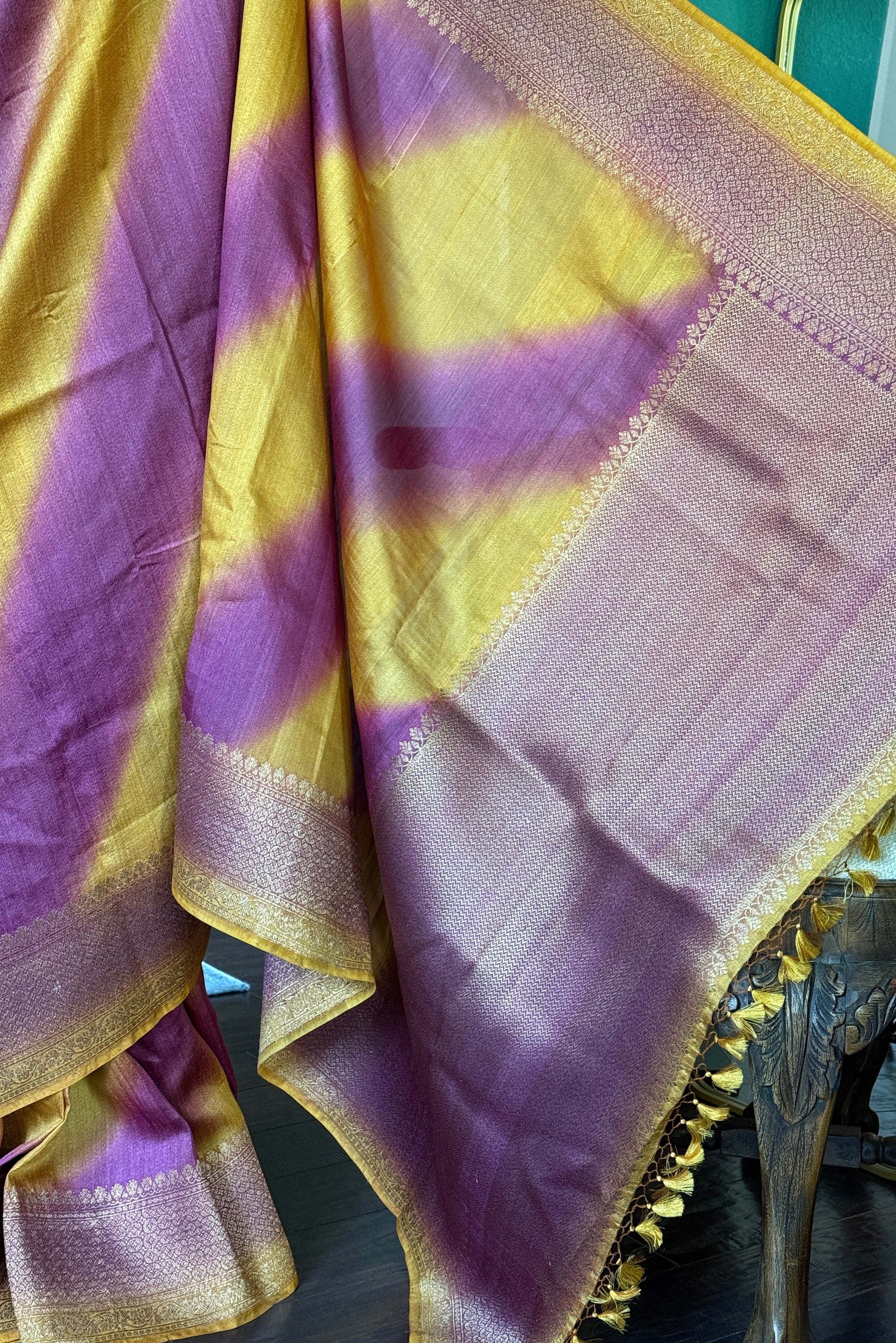 Tussar Silk Banarasi Shaded - Yellow Purple Antique Golden Zari