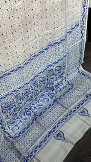 Pure Tussar Silk Kantha Stitch - Beige Blue