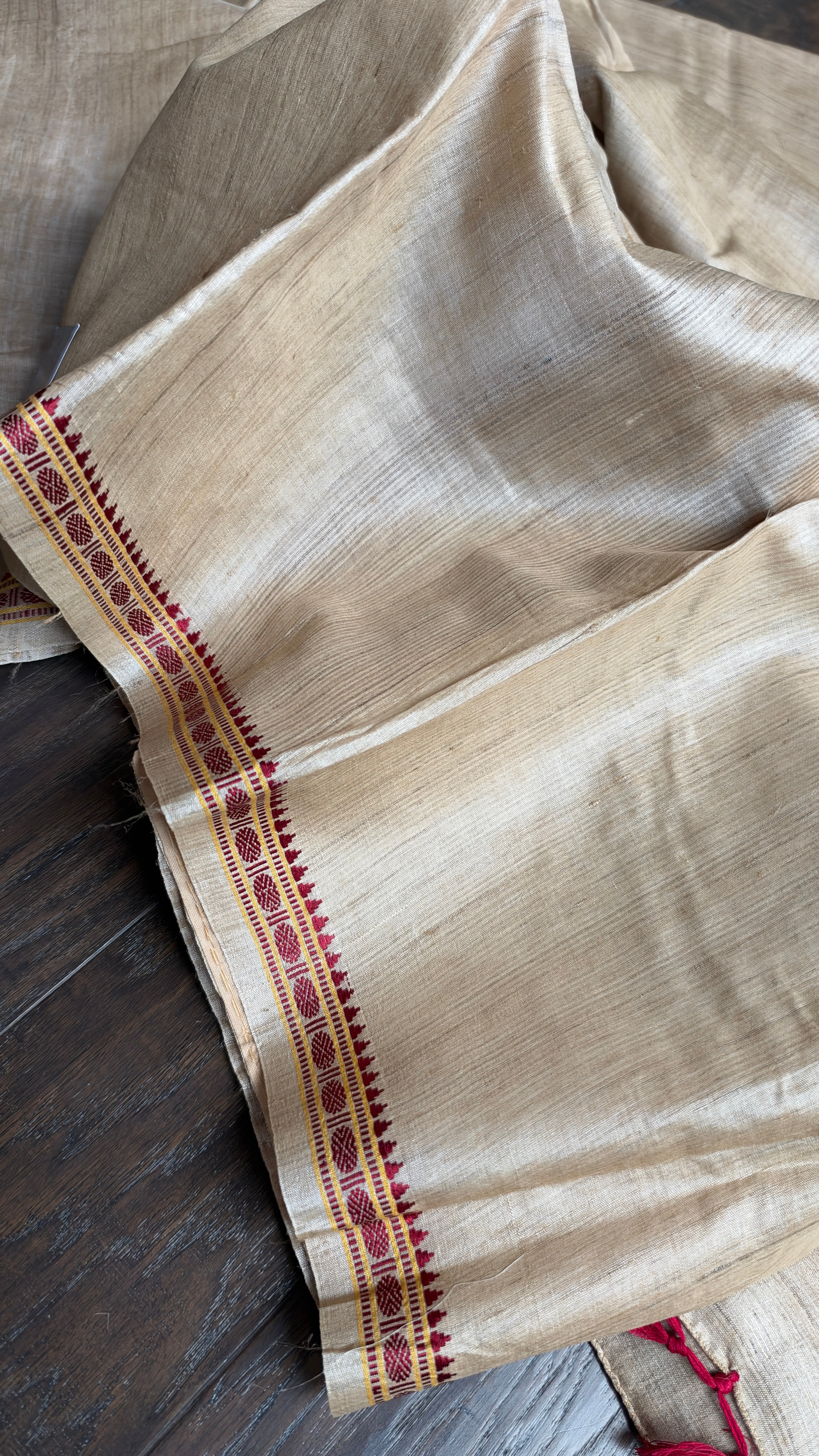 Pure Tussar Silk - Tan Beige Rudraksha Border