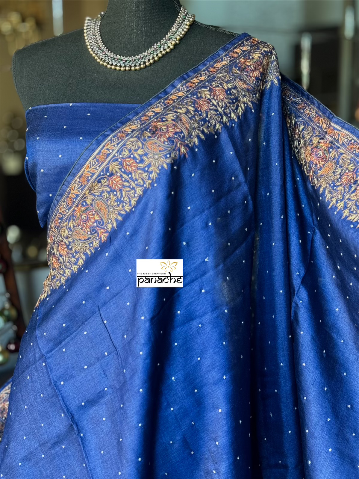 Designer Tussar Silk - Blue Sozni Hand Embroidered