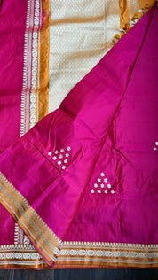 Pure Silk Mashru Banarasi- Rani Pink Ochre Orange