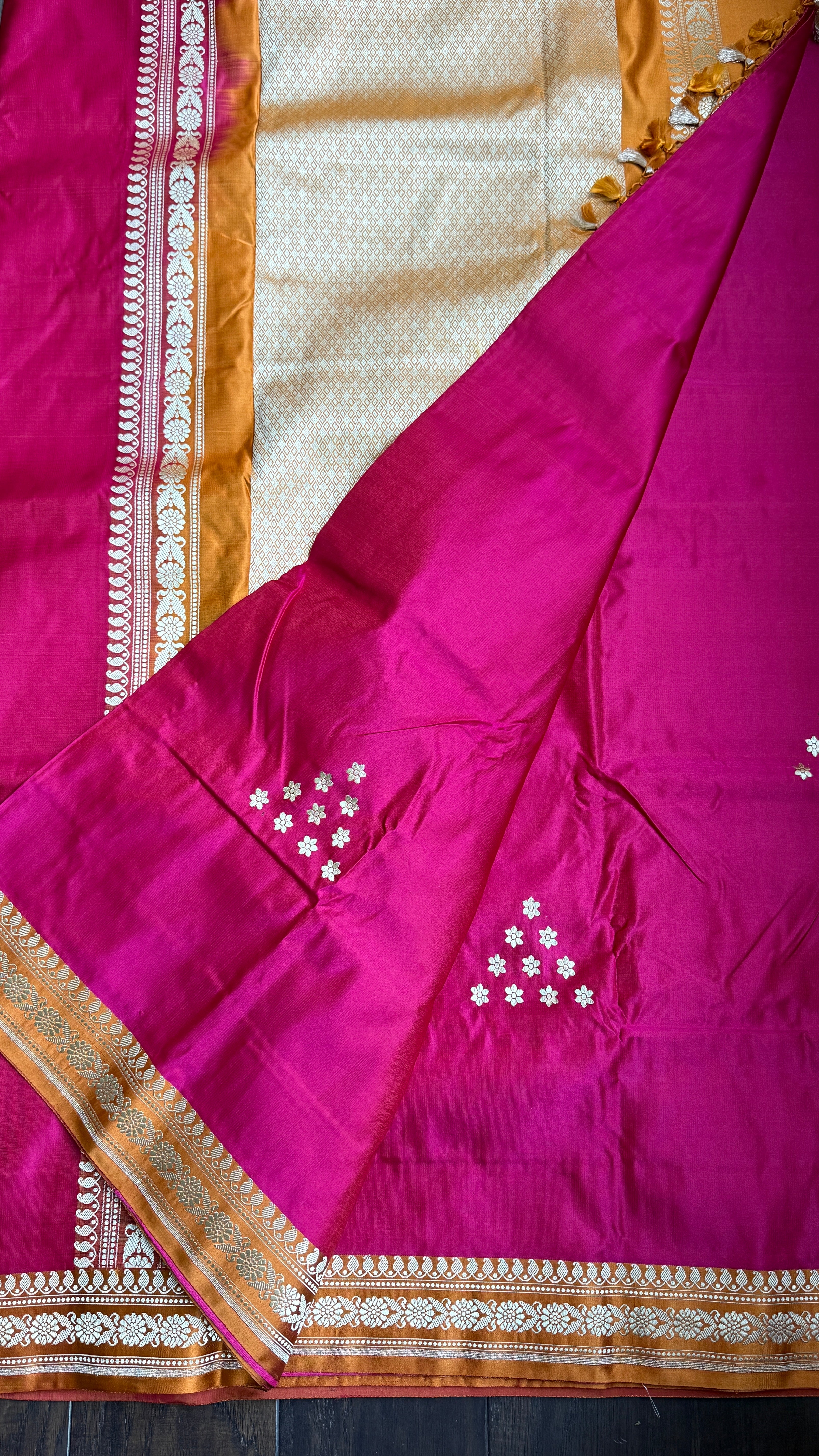 Pure Silk Mashru Banarasi- Rani Pink Ochre Orange