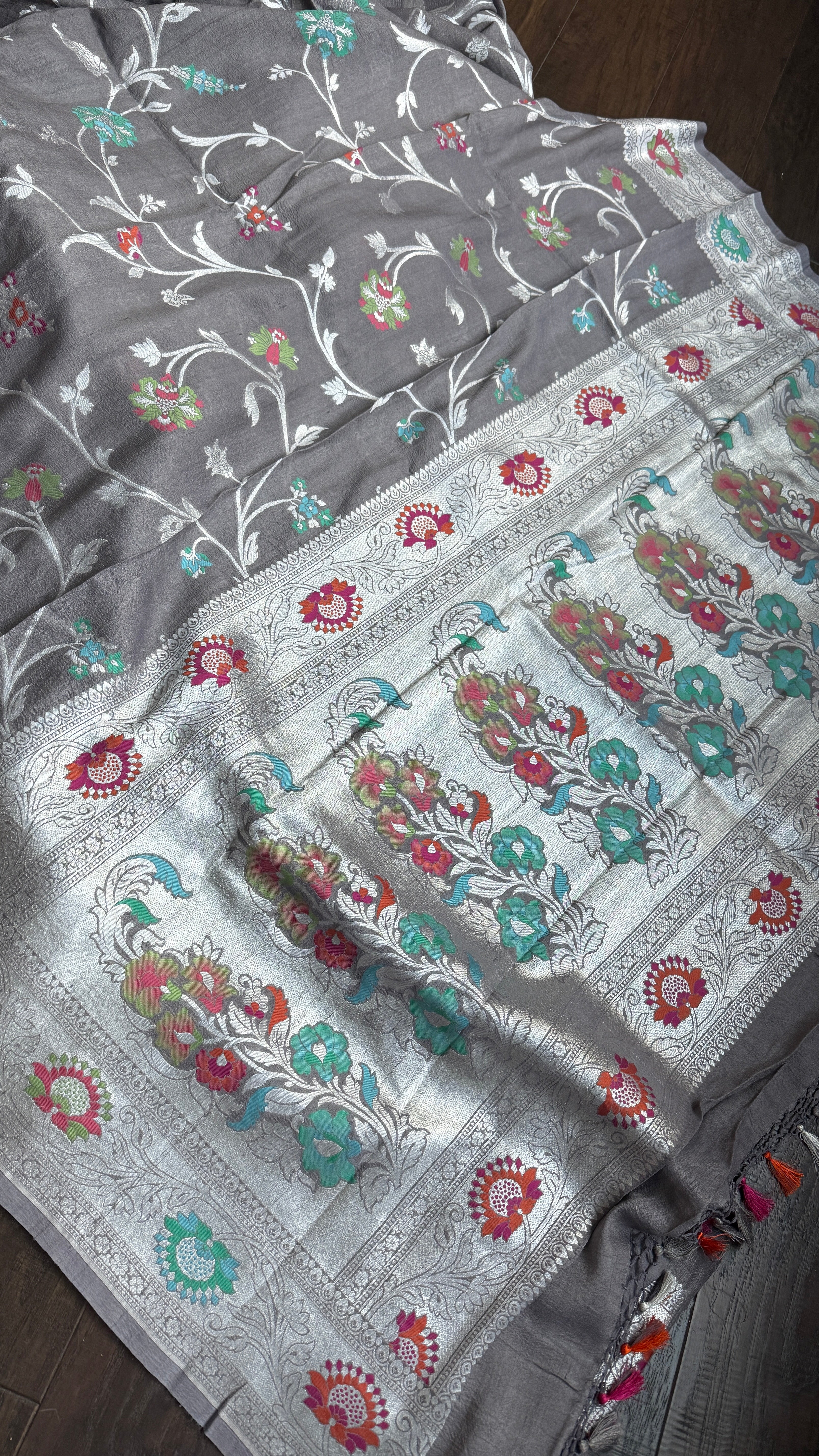 Tussar Georgette Banarasi - Grey Meenakari
