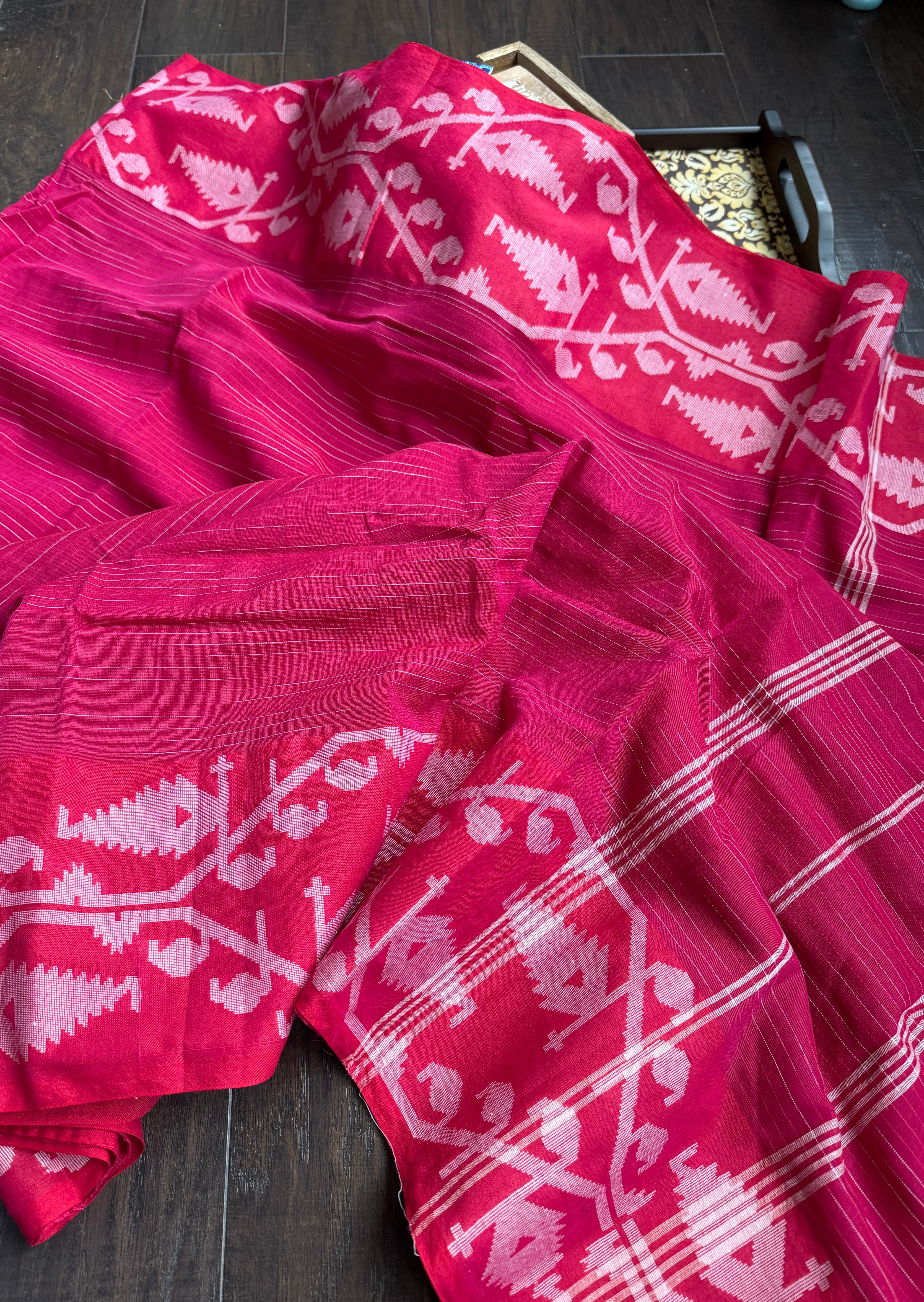 Khadi Cotton Jamdaani Soft - Raspberry Pink Red White Textured Woven