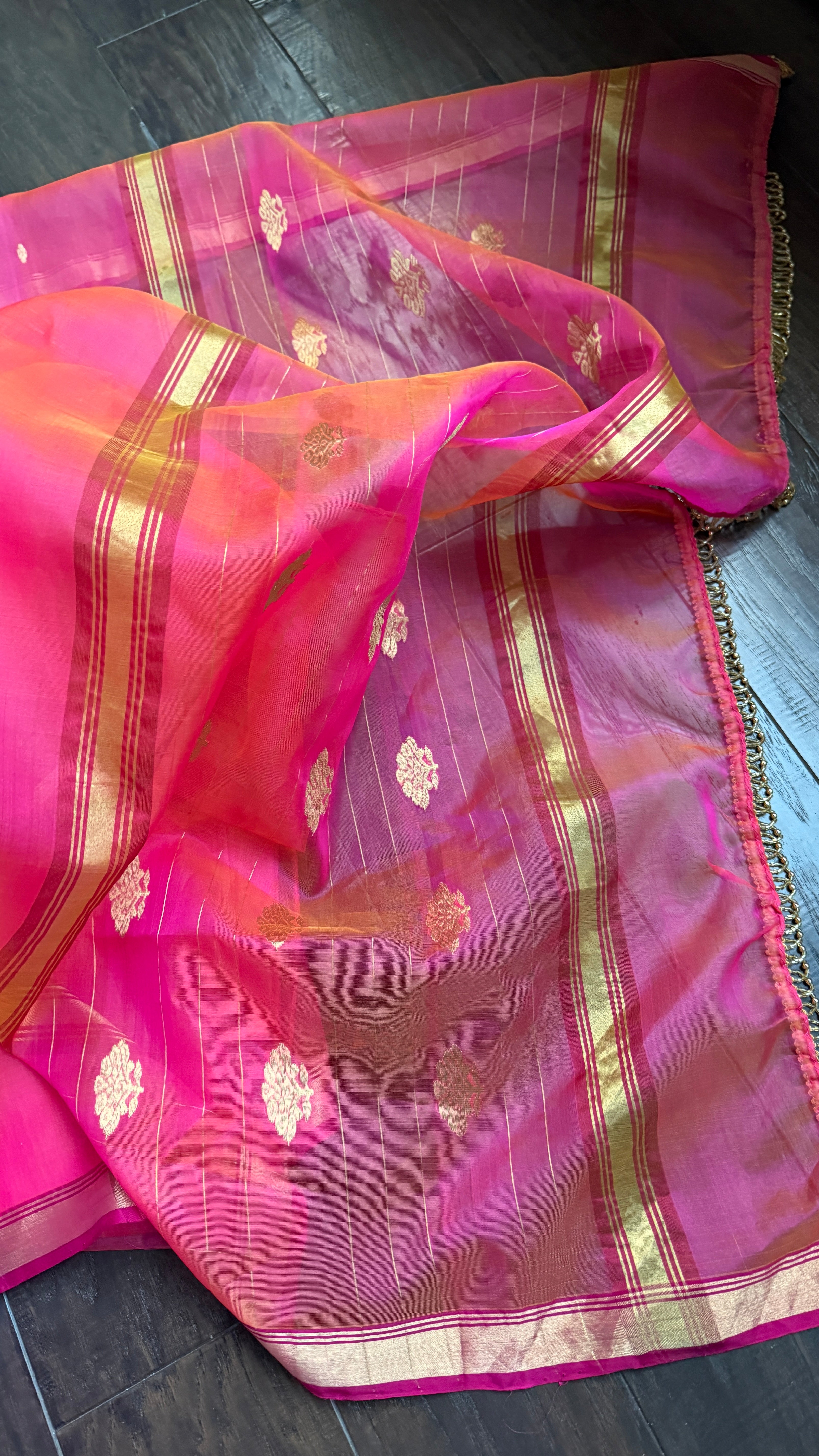Pure Chanderi Organza Silk - Pink Orange Dual shaded