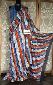 Bafta Tussar Hand Batik - Dusty White Indigo Orange