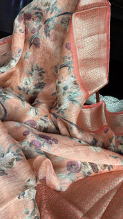 Pure Silk Linen Banarasi - Peach Floral Digital Print