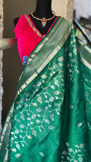 Pure Chanderi Silk - Green Silver Zari