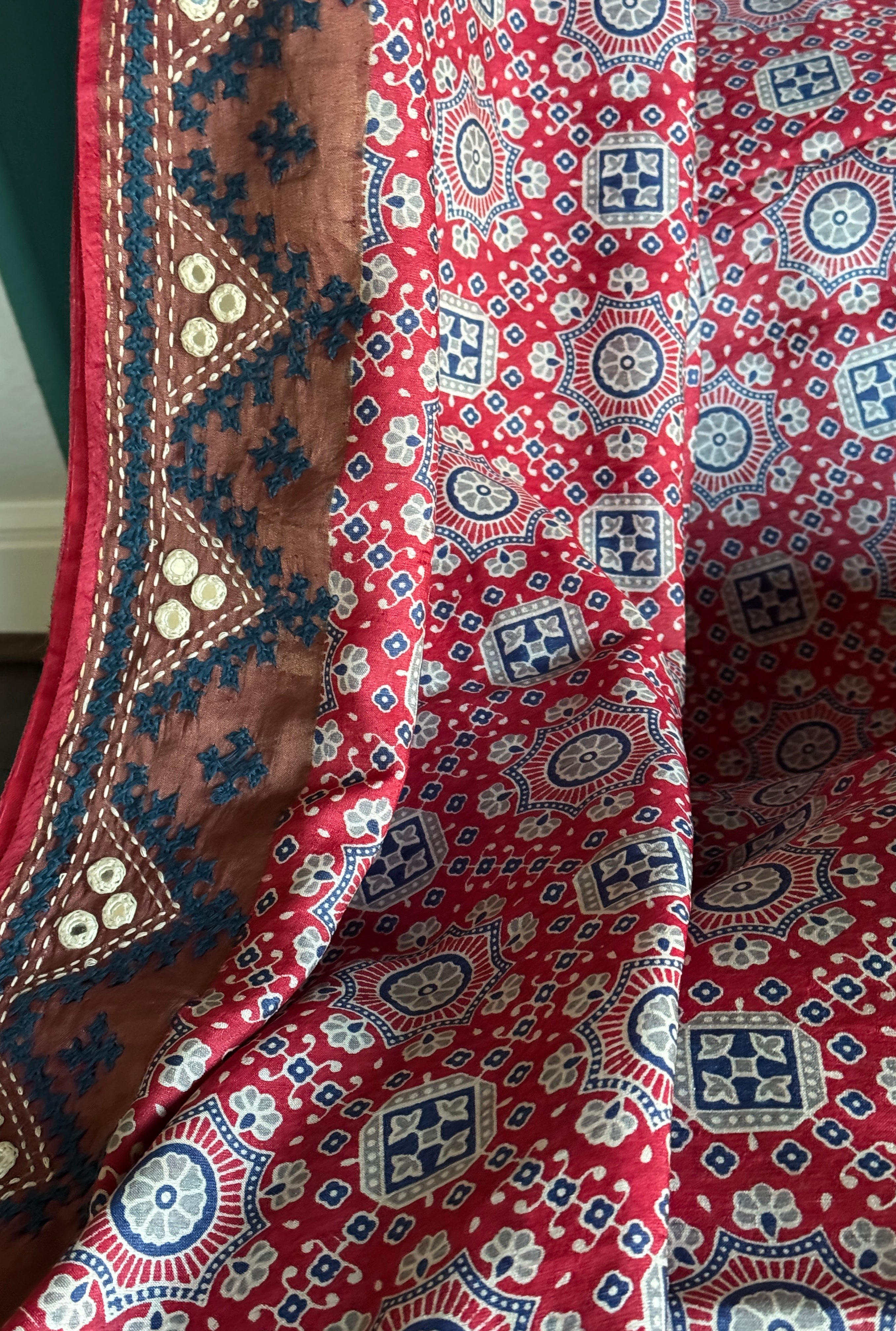 Tussar Silk Kutch Hand Embroidered - Red Blue Ajrakh